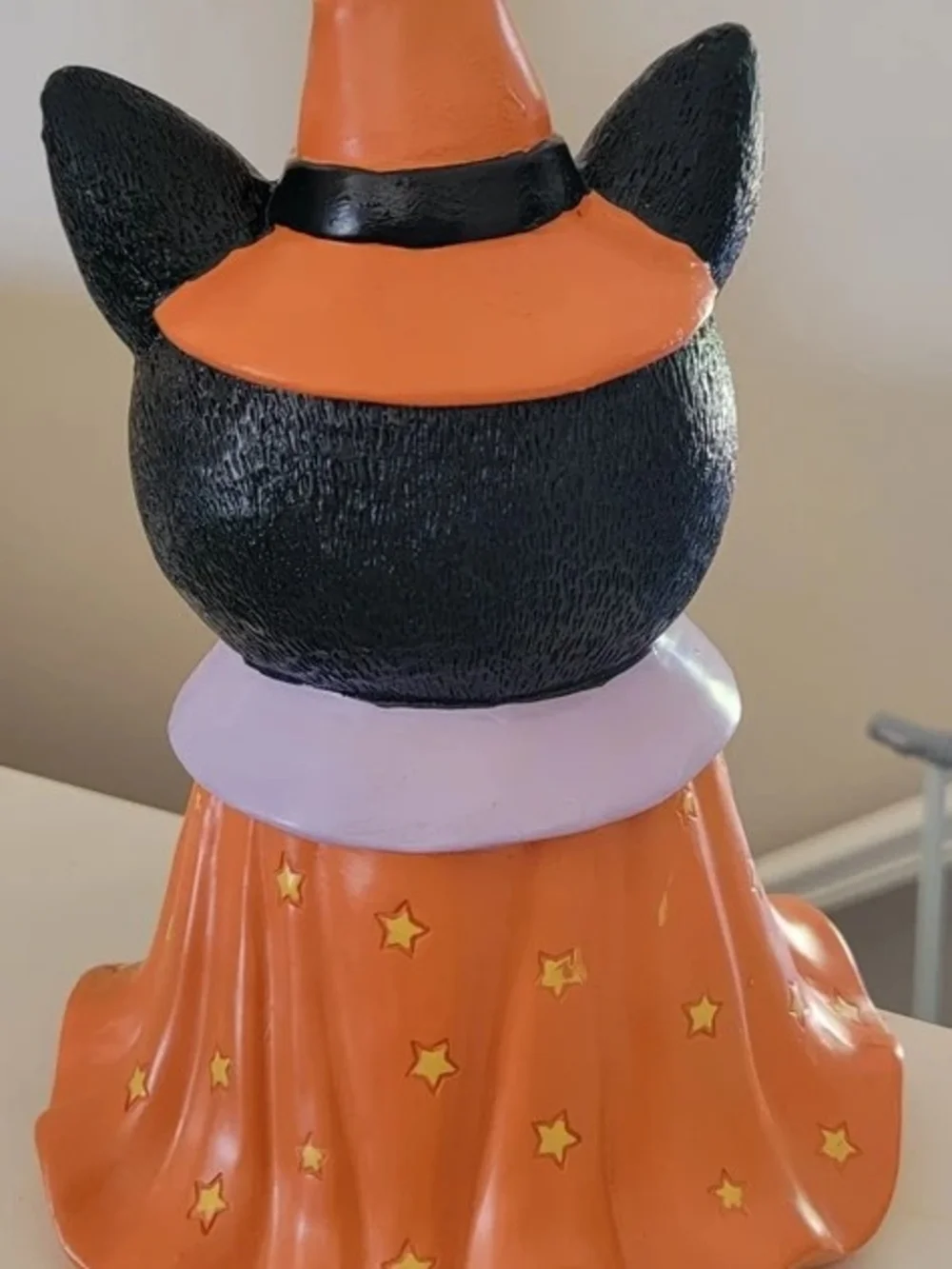 Black Halloween Cat Figurine with Orange Witch Hat and Cape